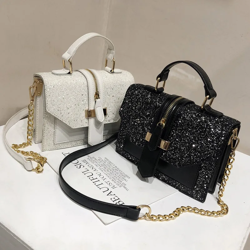 

2019 fashion classic sequin shining chains shoulder ladies purses and handbags for women small square leather woman hand bag, Black, white