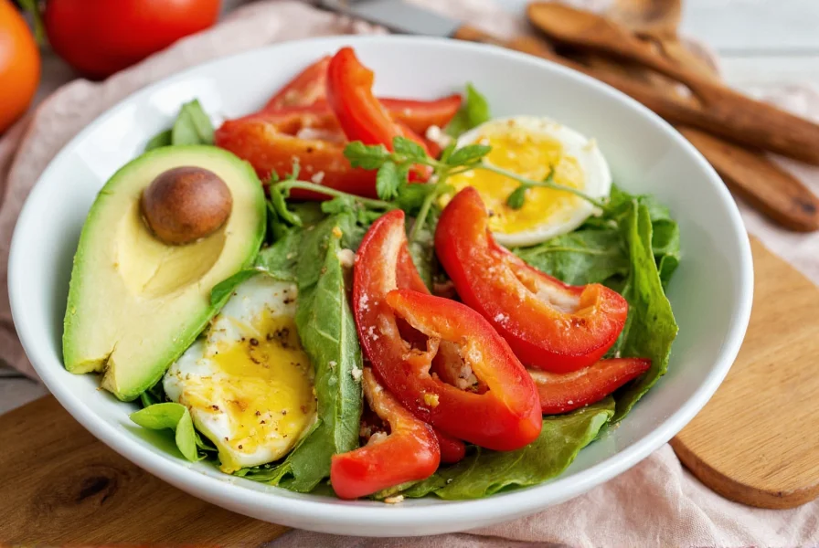 Colorful salad bowl featuring red bell peppers alongside other vegetables and healthy fats like avocado and olive oil to enhance nutrient absorption