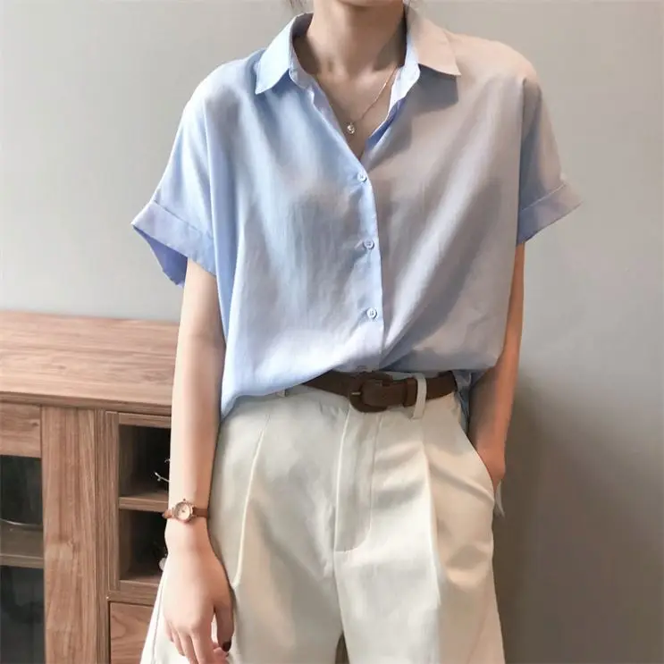 

PEARL Short Sleeved Linen Blouse Woman Summer New Solid Color Lapel Neck Ladies' Blouses & Tops