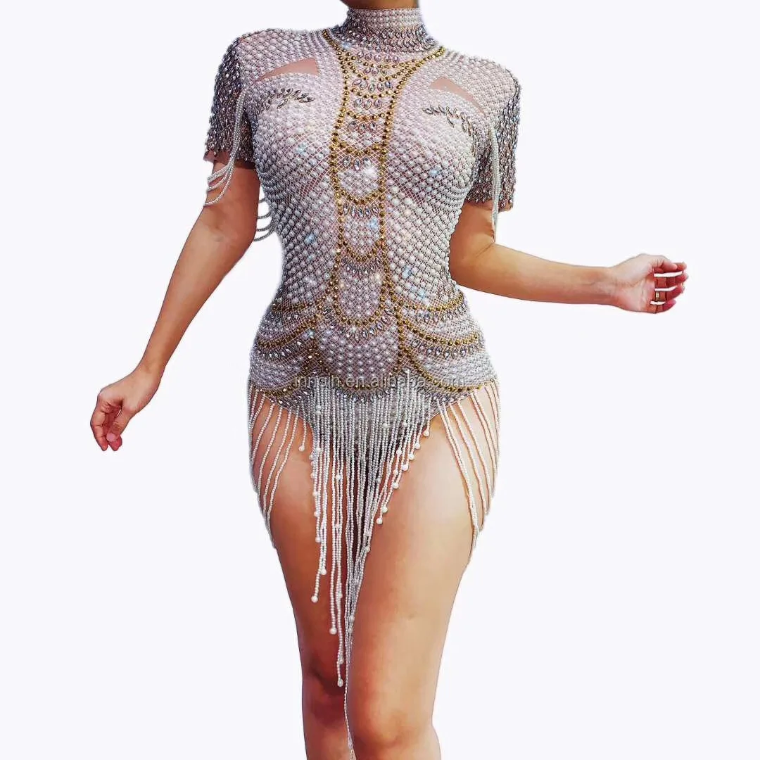 

Fashion Rhinestone Pearls Bodysuit Sexy Stretch Dance Leotard Costume Performance Party Celebrate Stage Show Stone Wear