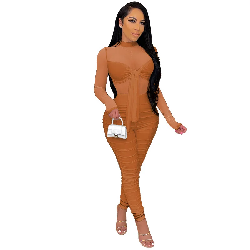 

2021 summer mesh stacked jumpsuits pants sexy fall brown plus size one piece bandage jumpsuit women