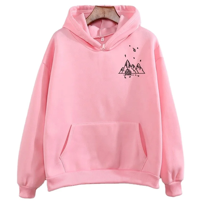 

Shell Pink Soft Sweater Hooded Mountain Print Kangaroo Pocket Drawstring Hoodie