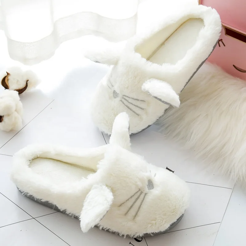 

New Design Cute Animal Shaped Fluffy Plush House Home Cat Slippers for Girls Women, White,can be customized