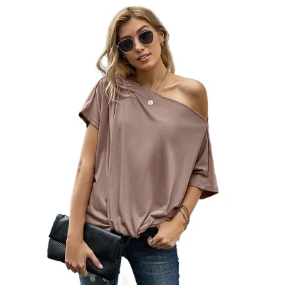 

2021 new solid color twisted blouse diagonal shoulder