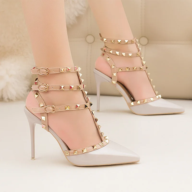 

2020 New Rivet Double Buckle Fashion Women's Sandals High Heels Pointed Cut-Outs Party Shoes Women Solid Patent ladies sandals, As picture