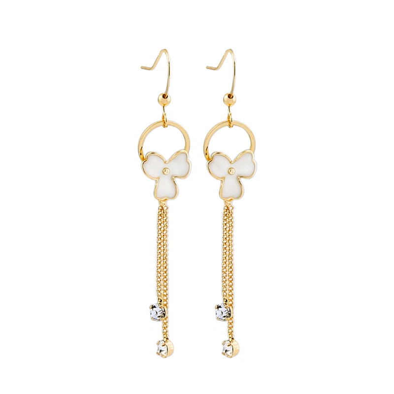 

de98043 Korean Enamel Flower Long Metal Chain Tassel Crystal Pendant Earrings