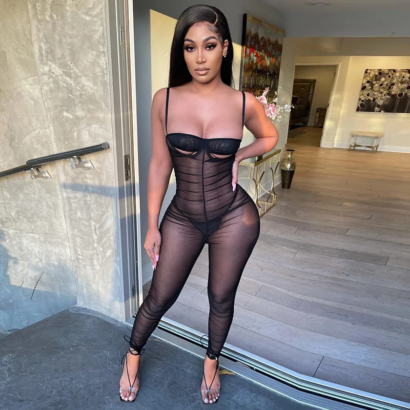 

Woman Apparel 2022 Summer Mesh Ruched Strap Black Jumpsuit Halterneck See Through Sheer Women Outfits Cut Out One Piece Jumpsuit, Picture color