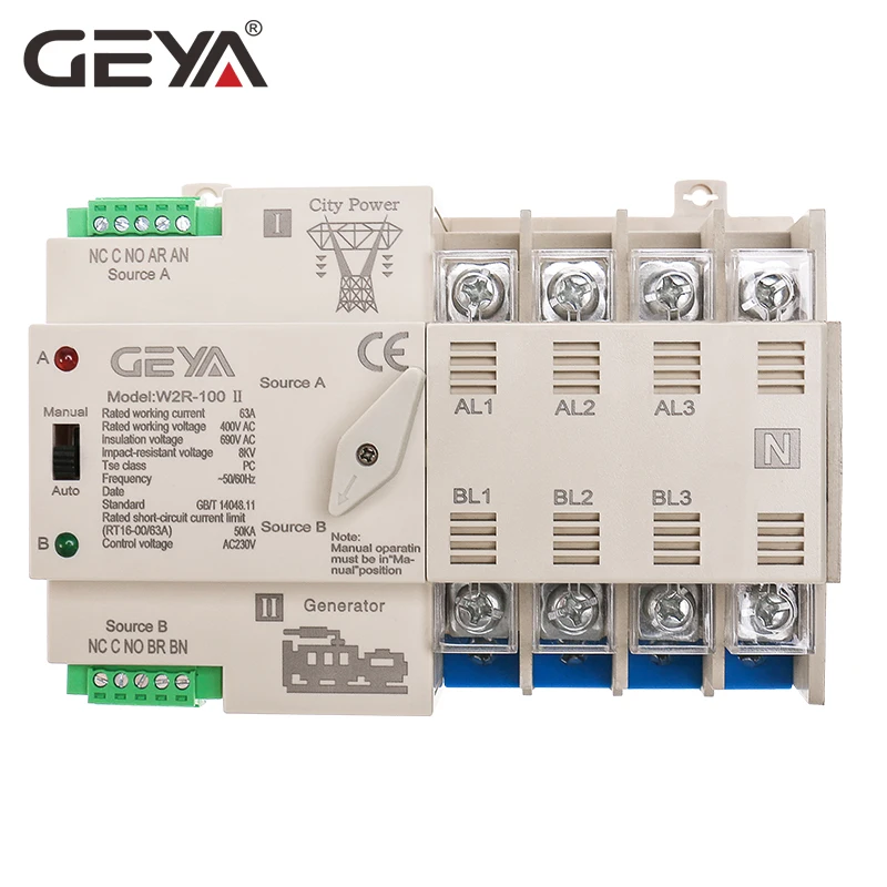 

GEYA W2R-100 Din Rail Power Transfer Switch OEMS ATS Switch ATS 2P 3P 4P 100A AC 220V 4P 63A ATS PC Transfer Switch