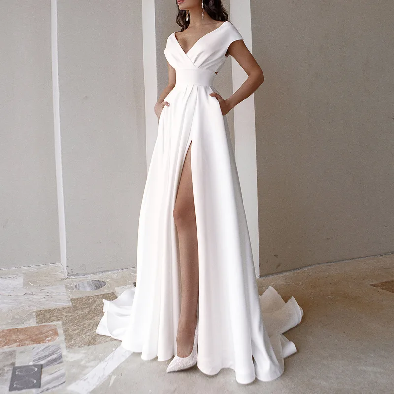 

Modest V-Neck Wedding Dress for Women Fashion Short Sleeve Sweep Train Side Slit A Line Bridal Gown with Pockets Custom Made