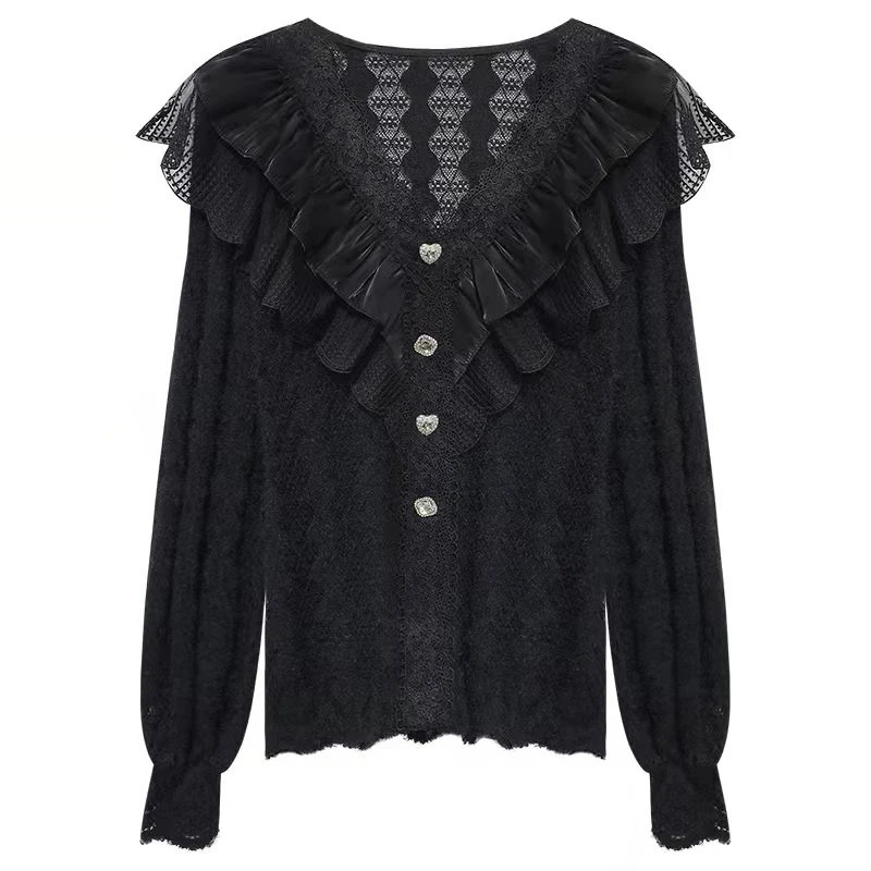 

Ruffled Long Sleeve Shirt Fashion Women's Elegant Blouse 2022 Autumn and Winter New V-neck Lace Loose Solid Color Ladies' Top