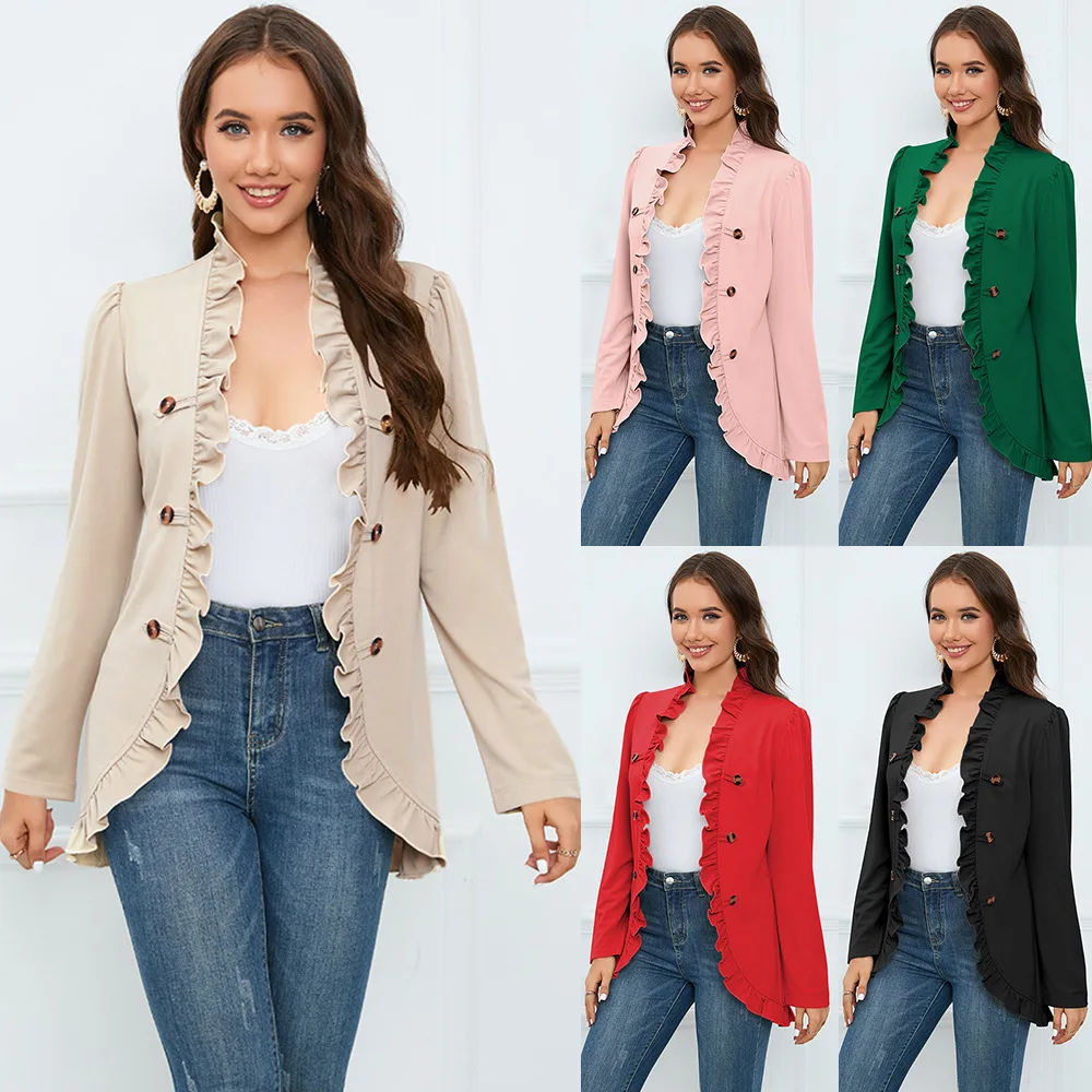 

New Women Spring Autumn Casual Coat Women'S Fashion With Ruffled Cardigan Buttons Ladies Office Coat