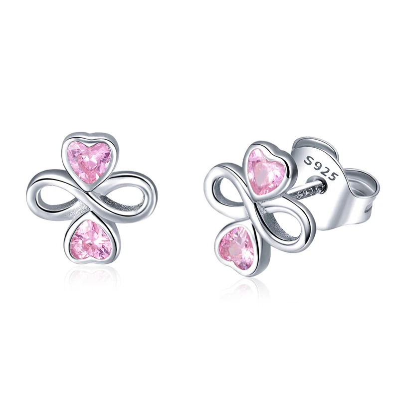 

Newest Four Leaf Flower Pink Zircon Luxury Womens Earrings 925 Sterling Silver Earrings Fine Jewelry Earrings