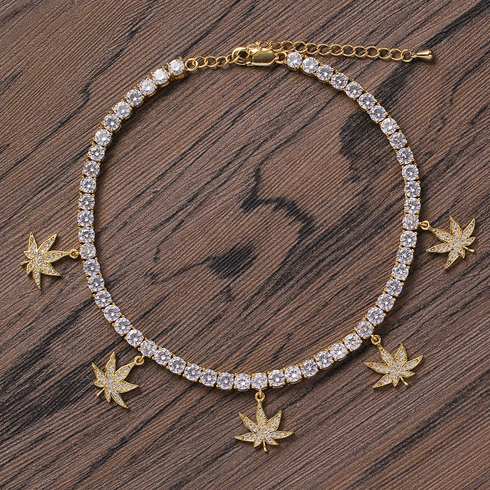 

European Hips Hops Female Foot Jewelry Women Maple Leaf Tennis Anklet 9inch 4mm Bling CZ Iced Out Tennis Chain Maple Anklet
