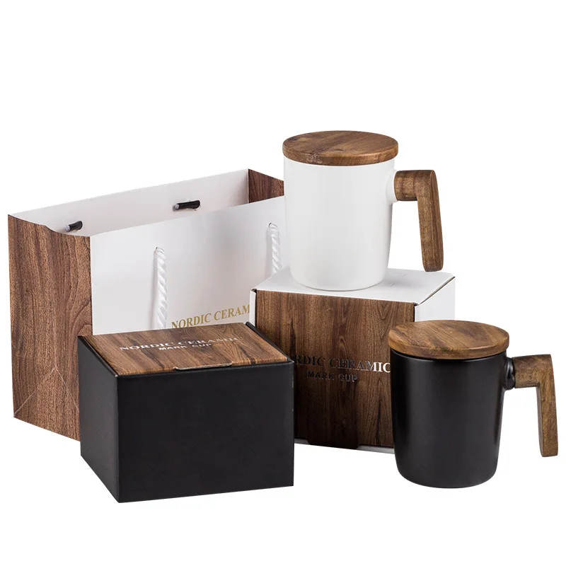 

Modern Black Matte Ceramic Mug With Wooden Handle And Lid Luxury Gift Box Pottery Mug Couple Mugs Ceramic Coffee Drinking, Any pms colour is accepted