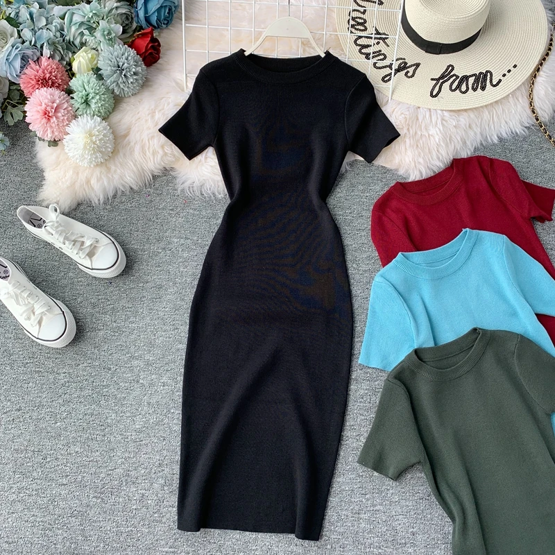 

Summer Korean version of short-sleeved ice silk knit dress, mid-length temperament fashion slim hip skirt, Colors