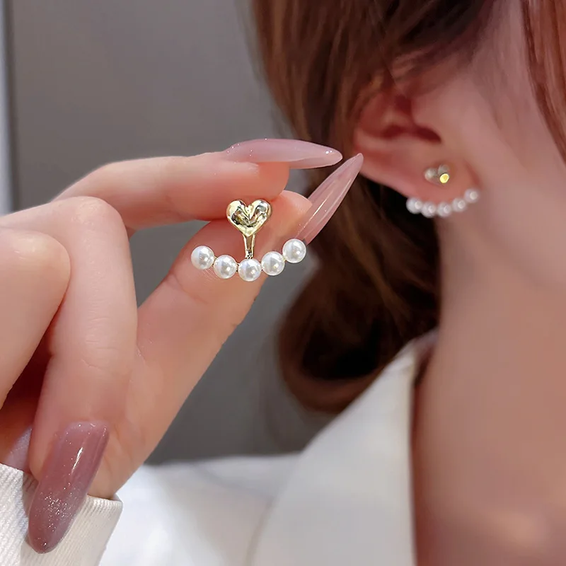 Needle Heart Pearl Stud Earrings New Fashion Design Temperament Earrings Women's Jewelry S925 Silver Ring Trendy Alloy Zircon