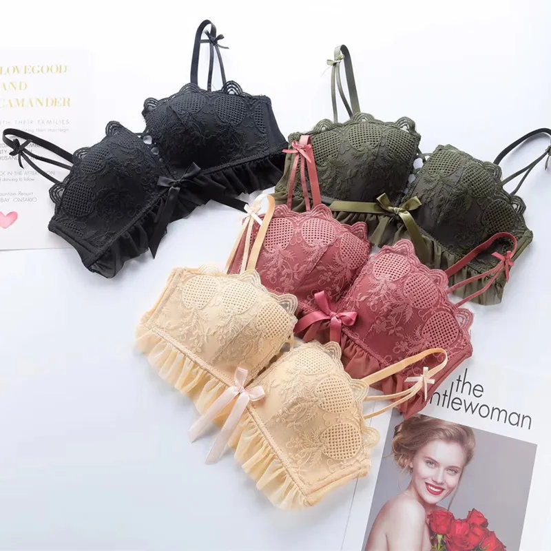 

Sexy Embroidery Lace Underwear Square Cup Bras Lovely Bow Push Up Bra Hollow Sexy No Steel Ring Female Lingerie, Black