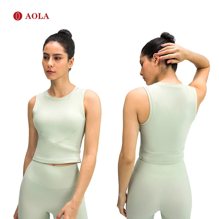 

AOLA Seamless Activewear Crop Short Sleeve Sweats Set Print Logo Sportwear Suit Sport Tank Top Women, Picture shows