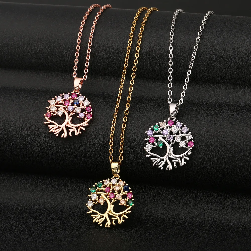 

Fashion Life Tree Pendant Necklace Colorful Cubic Zirconia Life Tree Necklace For Women