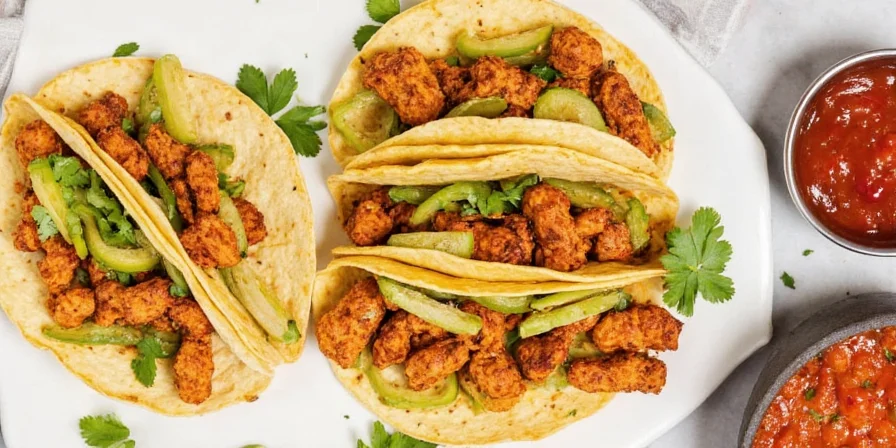 Three different jackfruit tacos showcasing various spice combinations