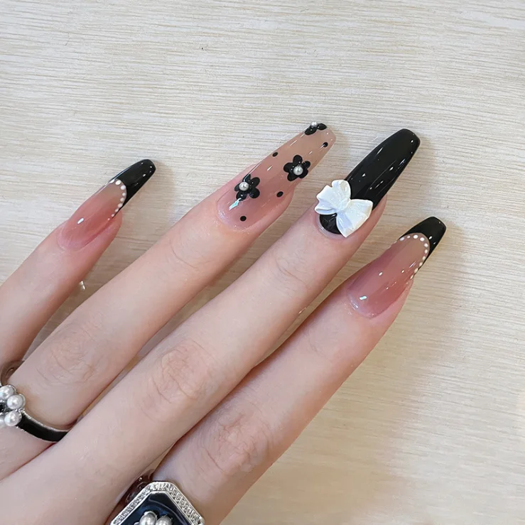 

Long Ballet False Nails Black Small Flower Polka Dot Bow Wearing Press On Nails Waterproof Detachable Glue Nail Sticker