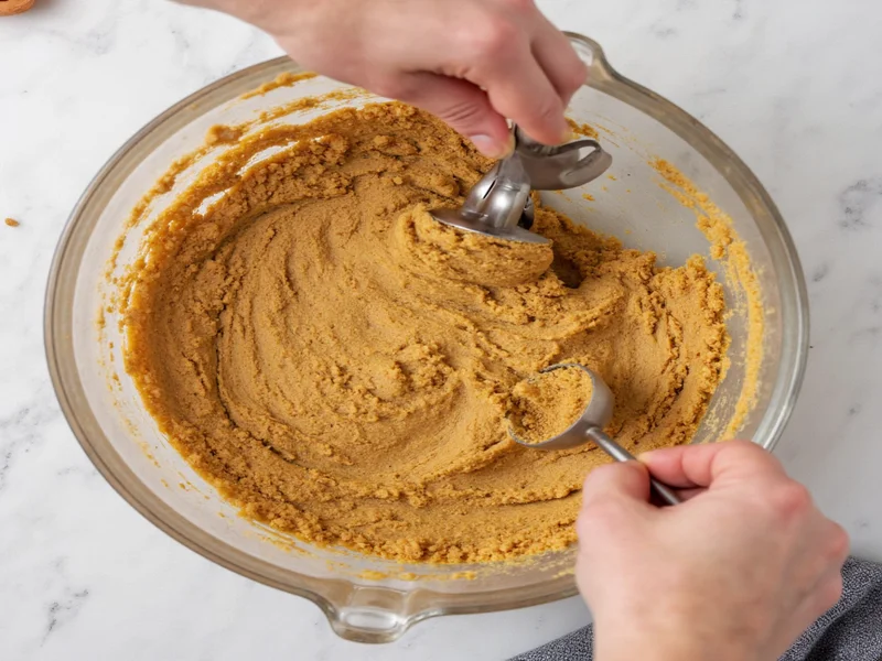 Homemade cookie dough in mixing bowl with measuring spoons