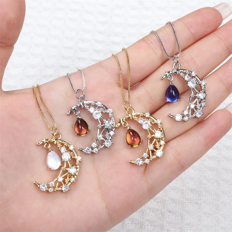 

NZ1338 New 18K Gold plated Celestial Jewelry Chic Cubic Zirconia CZ Micro Pave Star and Crescent Moon Pendant Chain Necklace