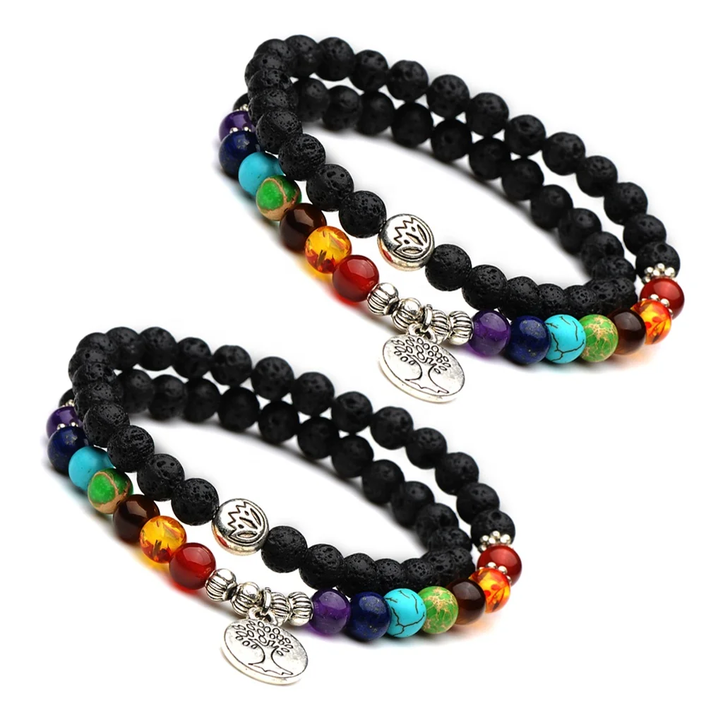 

7 Chakra Yoga Healing Reiki 6mm Lava Rock Tree Life Pendant Double-deck Bracelets