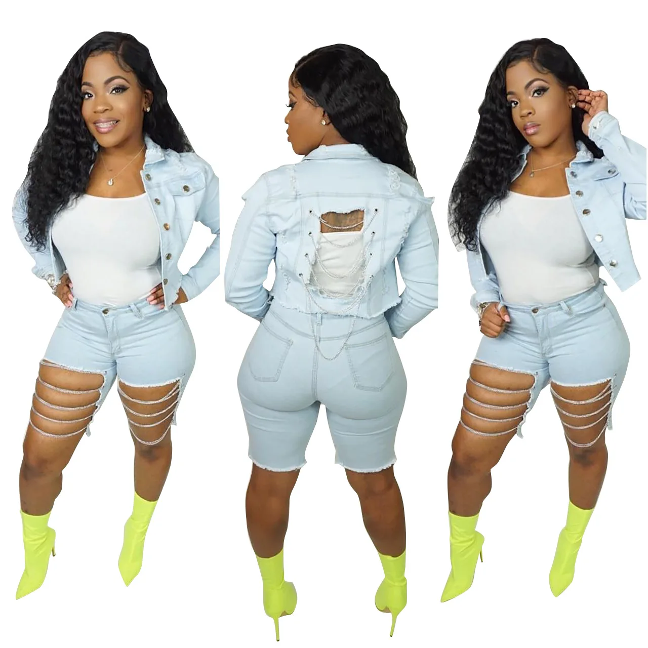 

chain newest hot trending blue skinny black women denim short jeans, Blue black