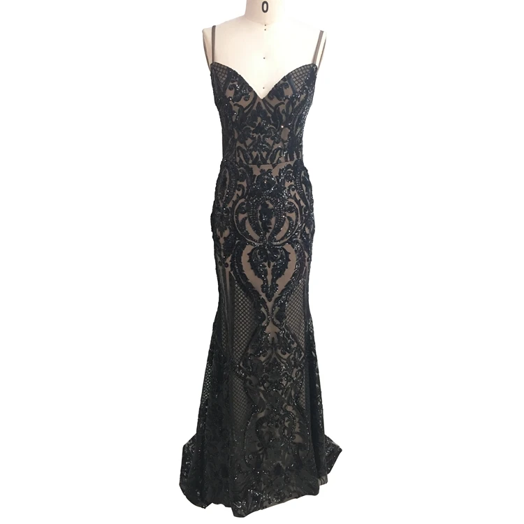 

Fashion design v neck spaghetti strap beaded mermaid black prom dresses for 2020