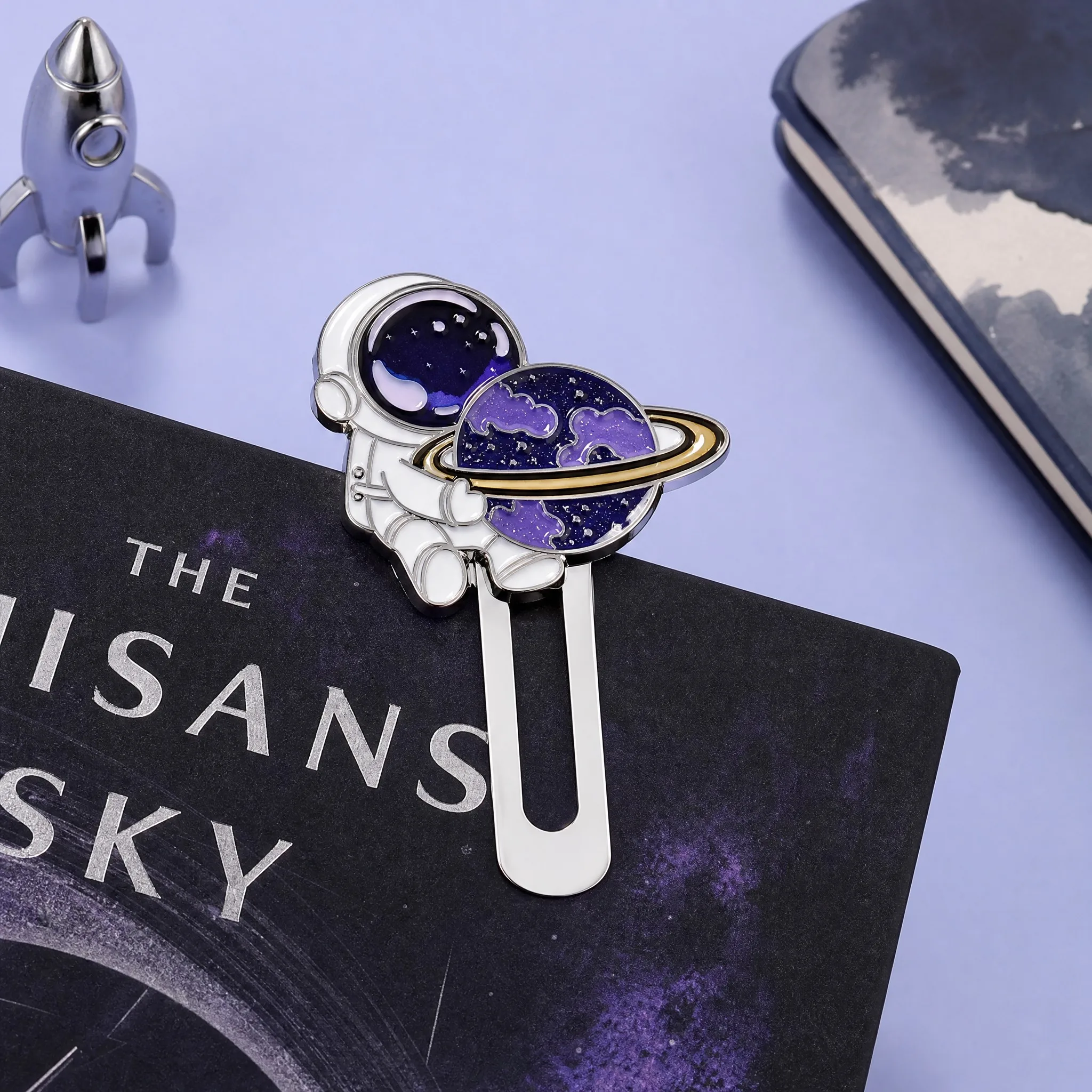 Custom Astronaut Hugging Glitter Saturn Planet Shiny Silver Nickel Bookmark Clip