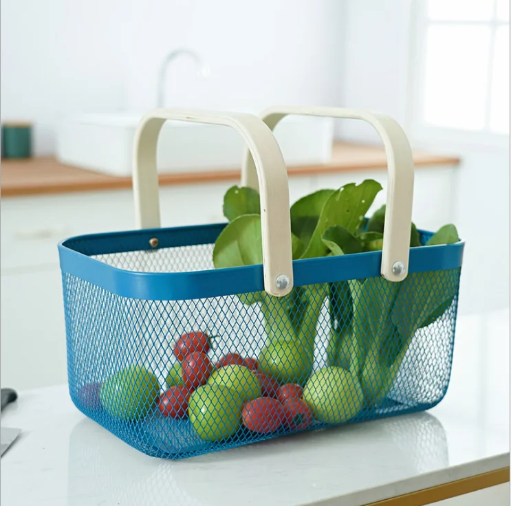 

Multifunctional kitchen office home organiser organization basket mental basket storage with wooden handle