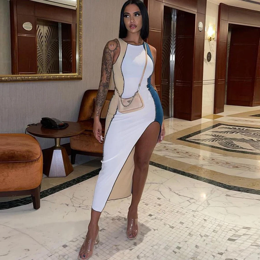 

Kliou K21D02701 2021 New Arrival Patchwork O-Neck Sleeveless Maxi Dress Casual Dress Women