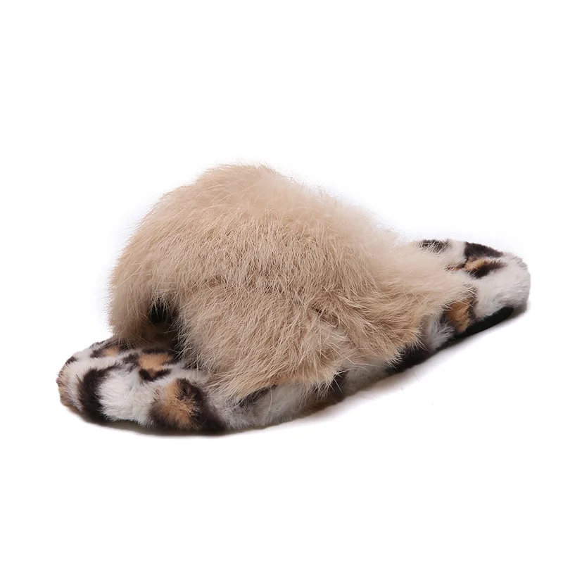 

Leopard print autumn and winter new rabbit fur women's slippers flat bottom fur slippers