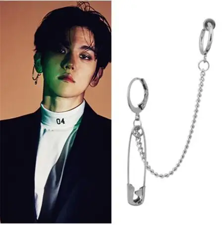 

Korean popular Tassel Asymmetric Pin Chain V Earring Exaggerate Safety Pin Earrings For Women Men Punk