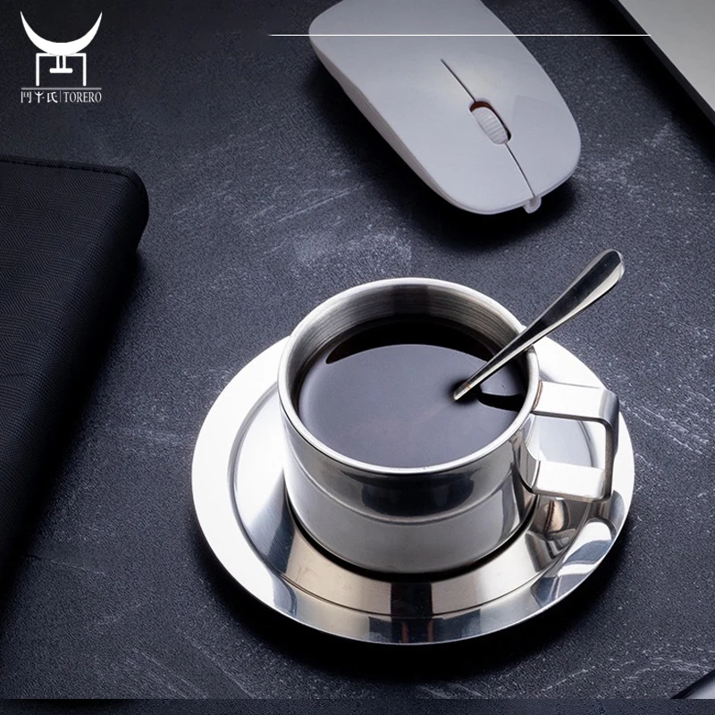 

Eco friendly 304 stainless steel coffee tea cup with saucer spoon set double wall insulated espresso coffee cup