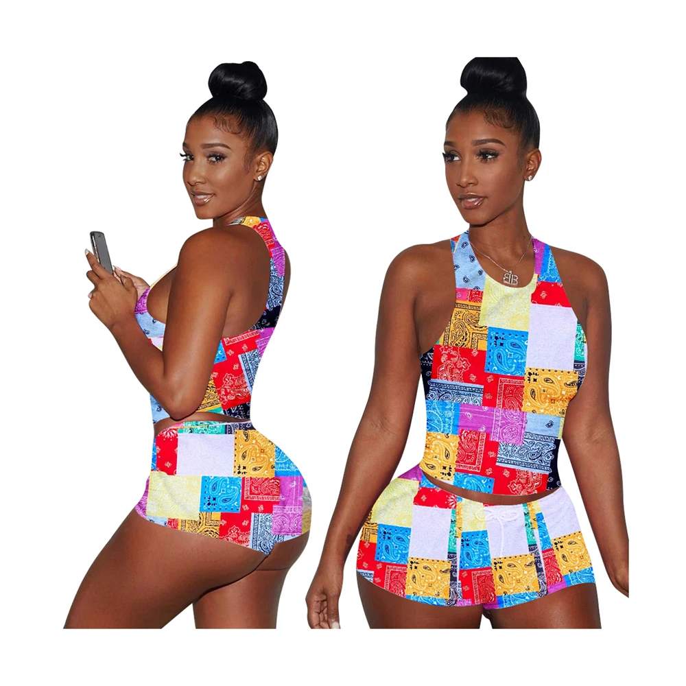 

Foma Clothing LD9130 summer 2021 women girl colorful printed sleeveless vest shorts yoga bodycon 2 two piece set, 1 color