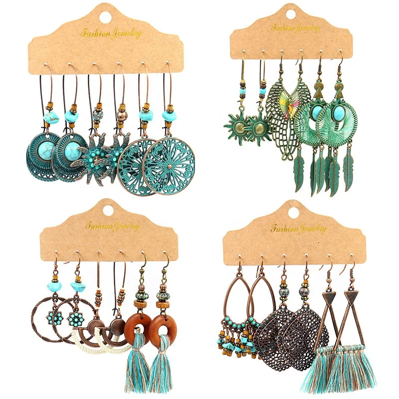 

Assorted Boho Fashion Earrings Group Hollow Cricle Starfish Shaped Alloy Long Boho Dangle Earrings Bohemian National Style, Green