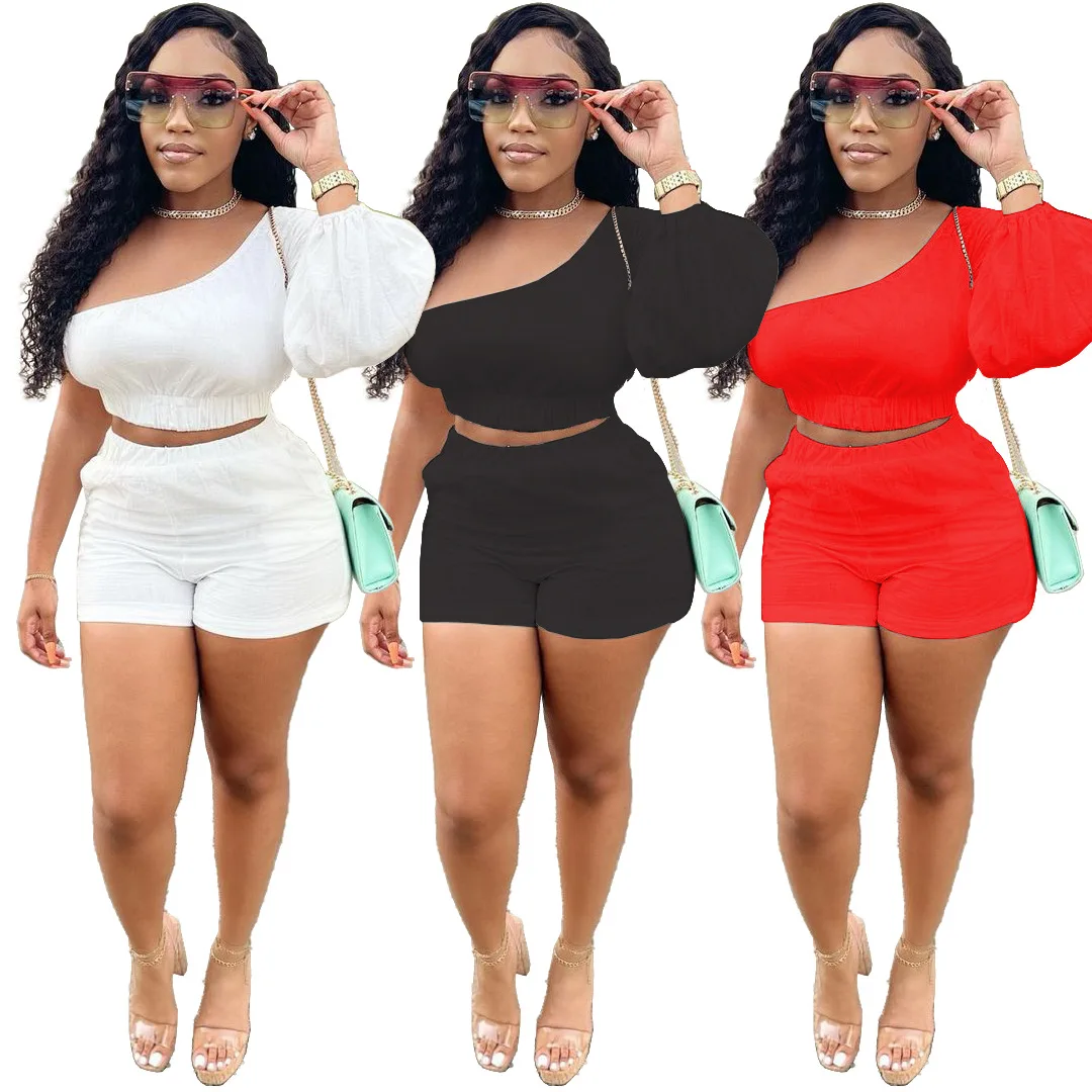 

2021 Summer Women's Casual Solid Color One-shoulder Puff Sleeve Crop Tops And Shorts With Pocket 2 Piece Biker Short Set, Picture