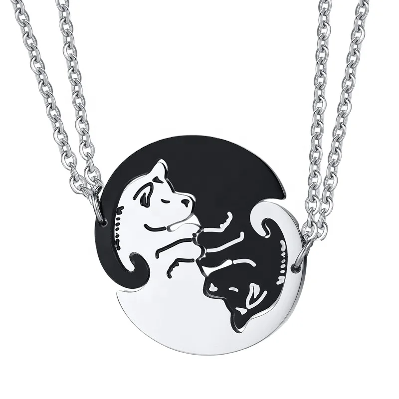 

Fashion Wholesale Black White Animal Cat Jigsaw Couple Pendant Necklaces 316L Stainless Steel Necklace, Silver