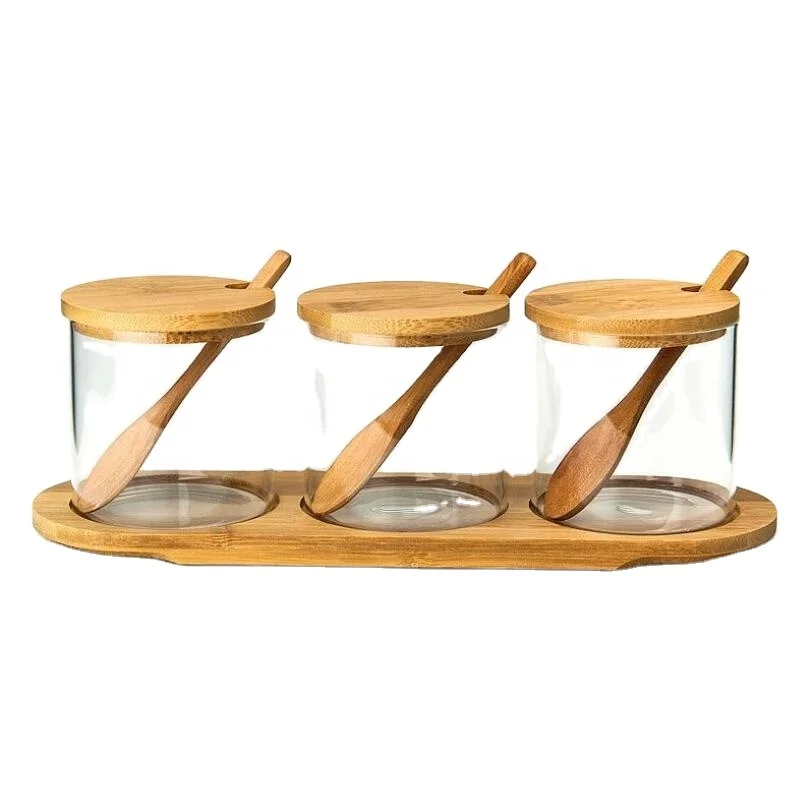 

hot sale china wholesale healthy popular small airtight round glass spice jar set with wood lid and wood spoon, Transparent