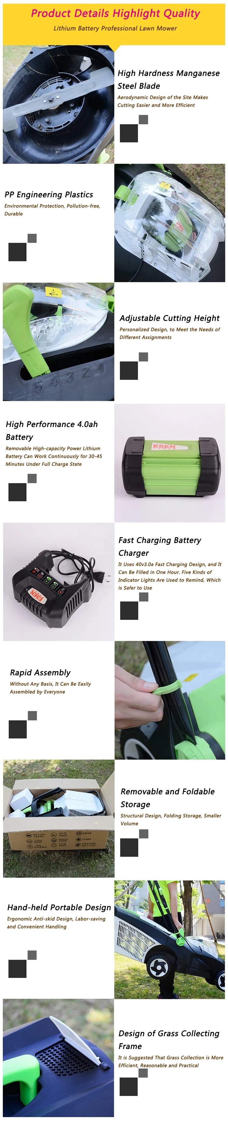 40V Quick Charge Battery Cordless Garden Lawnmower Hand Push Electric Lawn Mower