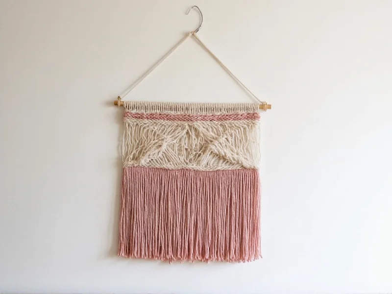 Handmade yarn wall hanging with natural wood dowel