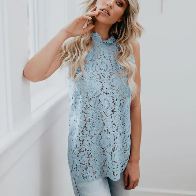

women sweet lace top sleeveless blouse female hollow out short stylish shirts blusas Y12632