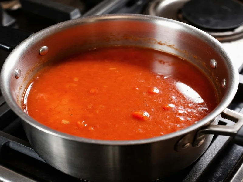 Simmering tomato sauce in stainless steel pot