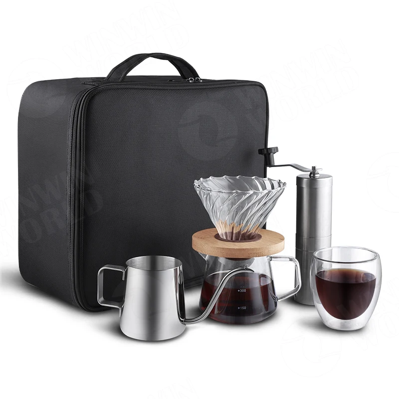 

Hot V60 Pour Over Kit Outdoor Camping Manual Drip Travel Bag Gift Box Packaging Grinder Pot Kettle Pour Over Coffee Maker Set, Customized is available