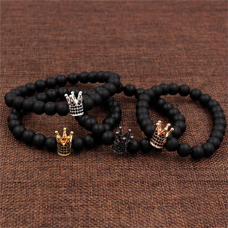 

Wholesale Hip Hop Jewelry Fashion Women Men  Crown Lava Natural Stone Bead Bangle Charm Bracelet
