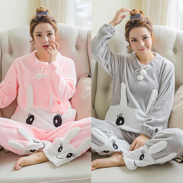 

Smmoloa Autumn Winter Women Pyjamas Sets Flannel Sleepwear Thick Warm Flannel Cartoon Pijamas