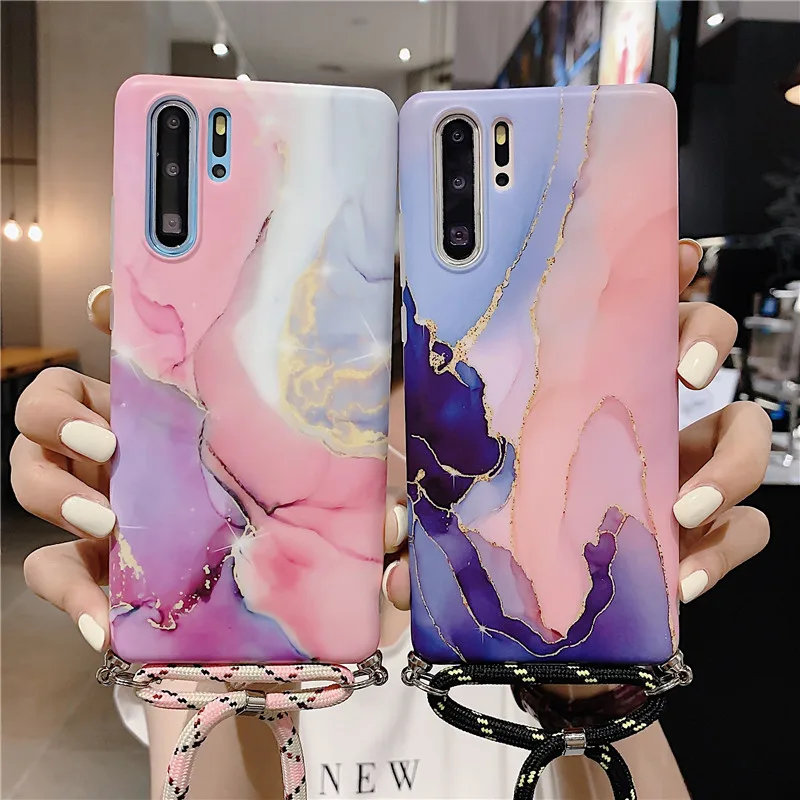 

Marble Lanyard Neck Cord Case For Samsung S20 S20Plus S20Ultra S10 S10Plus Note10 8 Soft IMD Necklace Strap Rope Back Cover