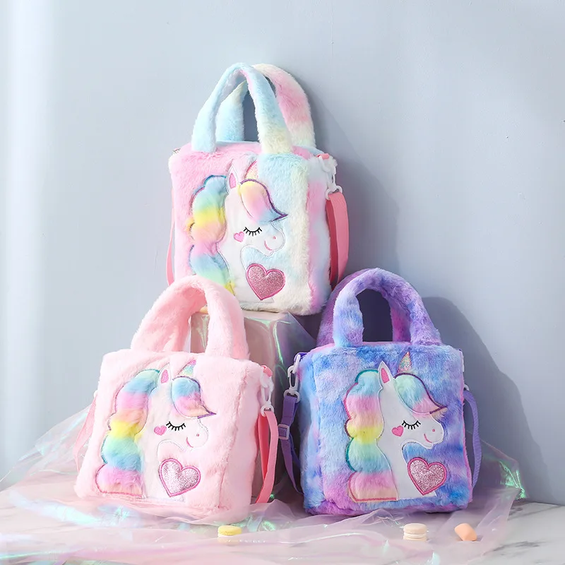 

Wholesale high quality cute cartoon ladies purse shoulder bag fashion kids children unicorn plush bags women handbags, Purple,blue,pink
